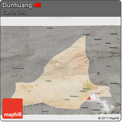 Satellite 3D Map of Dunhuang, darken, semi-desaturated
