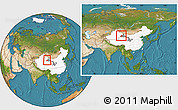 Satellite Location Map of Dunhuang, highlighted country, highlighted parent region, within the entire country