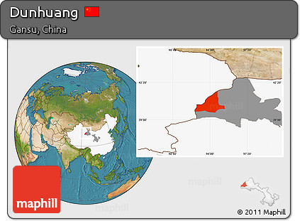 Satellite Location Map of Dunhuang, highlighted country, highlighted parent region