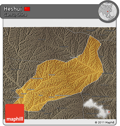 Physical 3D Map of Heshui, darken, semi-desaturated