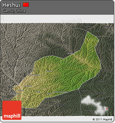Satellite 3D Map of Heshui, darken, semi-desaturated