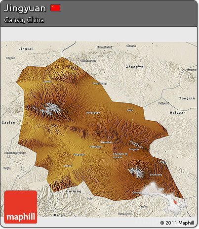 Physical 3D Map of Jingyuan, shaded relief outside