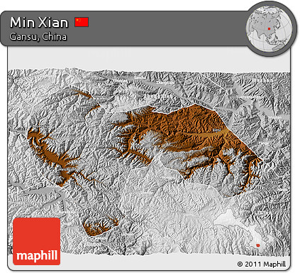 Physical 3D Map of Min Xian, lighten, desaturated
