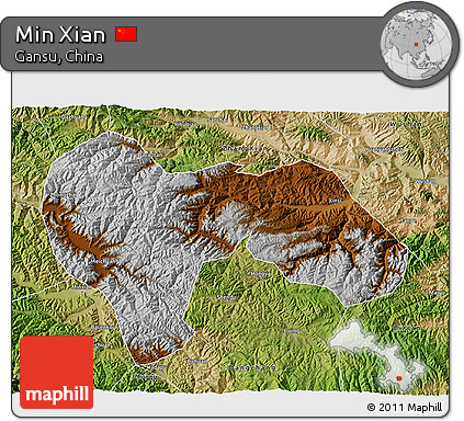 Physical 3D Map of Min Xian, satellite outside