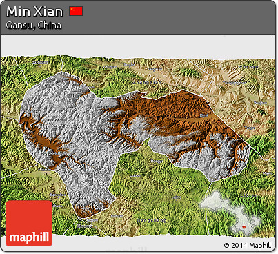 Physical 3D Map of Min Xian, satellite outside