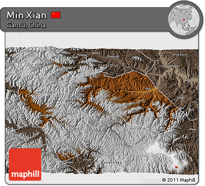 Physical 3D Map of Min Xian, semi-desaturated