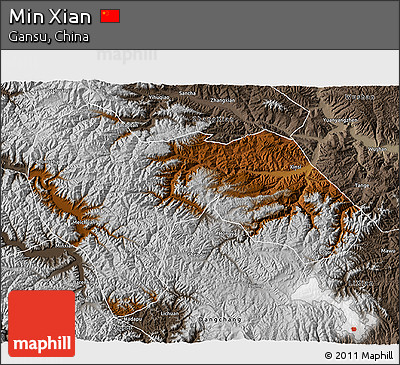 Physical 3D Map of Min Xian, semi-desaturated