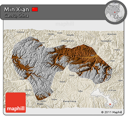 Physical 3D Map of Min Xian, shaded relief outside