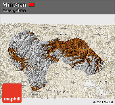 Physical 3D Map of Min Xian, shaded relief outside