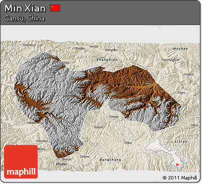 Physical 3D Map of Min Xian, shaded relief outside