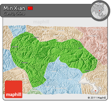 Political 3D Map of Min Xian, lighten