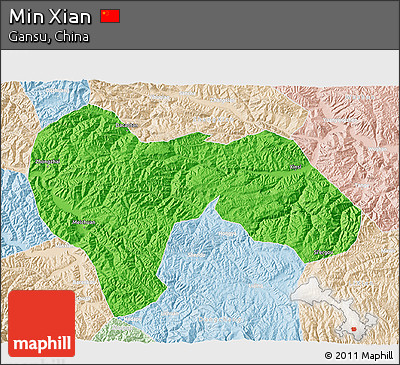 Political 3D Map of Min Xian, lighten
