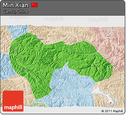 Political 3D Map of Min Xian, lighten
