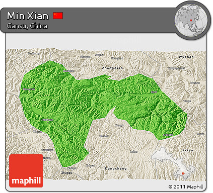 Political 3D Map of Min Xian, shaded relief outside