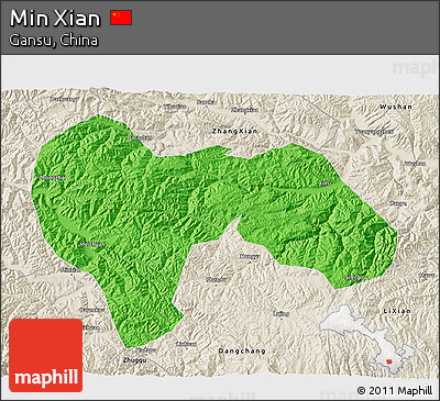 Political 3D Map of Min Xian, shaded relief outside