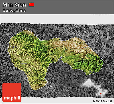 Satellite 3D Map of Min Xian, darken, desaturated