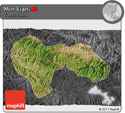 Satellite 3D Map of Min Xian, darken, desaturated