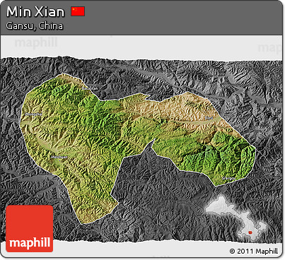 Satellite 3D Map of Min Xian, darken, desaturated