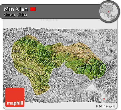Satellite 3D Map of Min Xian, lighten, desaturated