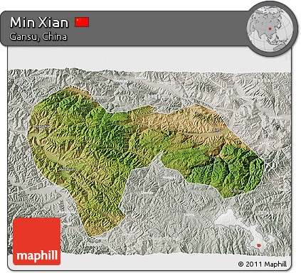 Satellite 3D Map of Min Xian, lighten, semi-desaturated