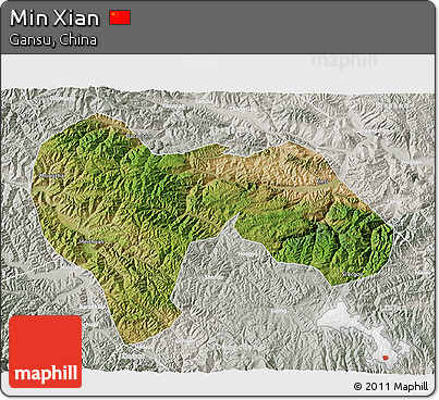 Satellite 3D Map of Min Xian, lighten, semi-desaturated