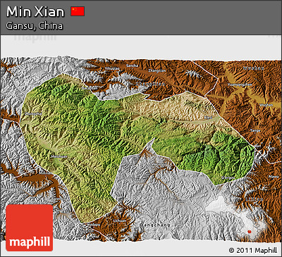Satellite 3D Map of Min Xian, physical outside