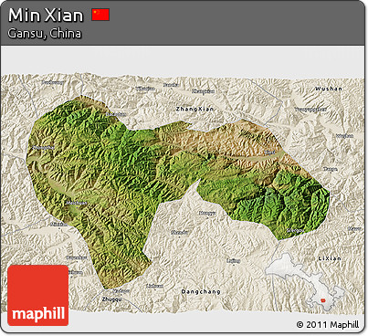 Satellite 3D Map of Min Xian, shaded relief outside