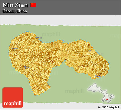 Savanna Style 3D Map of Min Xian, single color outside
