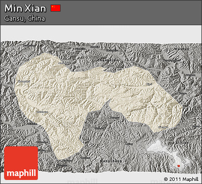 Shaded Relief 3D Map of Min Xian, darken, semi-desaturated