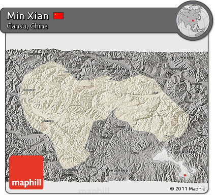 Shaded Relief 3D Map of Min Xian, darken, semi-desaturated