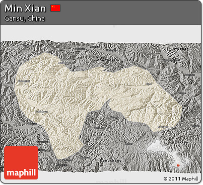 Shaded Relief 3D Map of Min Xian, darken, semi-desaturated