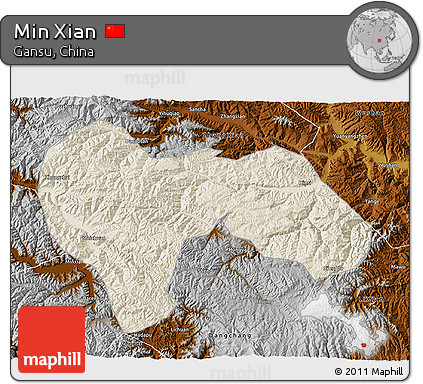 Shaded Relief 3D Map of Min Xian, physical outside