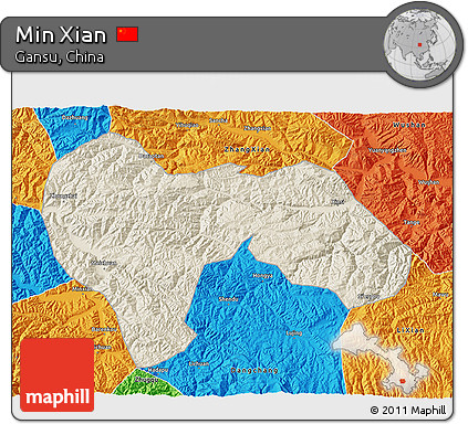 Shaded Relief 3D Map of Min Xian, political outside