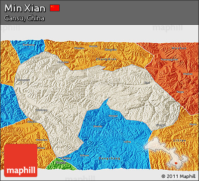 Shaded Relief 3D Map of Min Xian, political outside