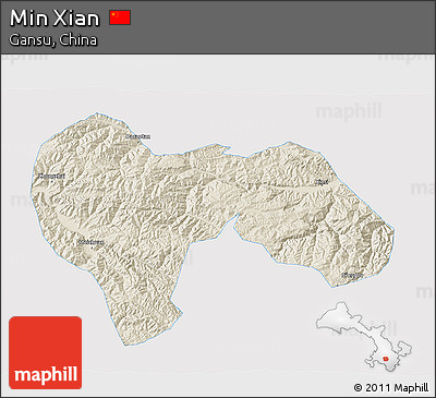Shaded Relief 3D Map of Min Xian, single color outside