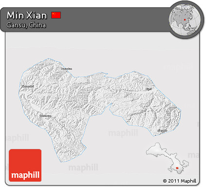 Silver Style 3D Map of Min Xian, single color outside