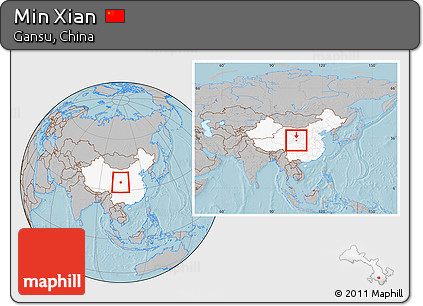 Gray Location Map of Min Xian, highlighted country, within the entire country, hill shading