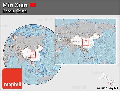 Gray Location Map of Min Xian, highlighted country, within the entire country, hill shading