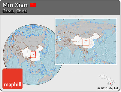 Gray Location Map of Min Xian, highlighted country, within the entire country, hill shading