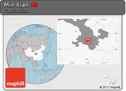 Gray Location Map of Min Xian, highlighted country, highlighted parent region, hill shading