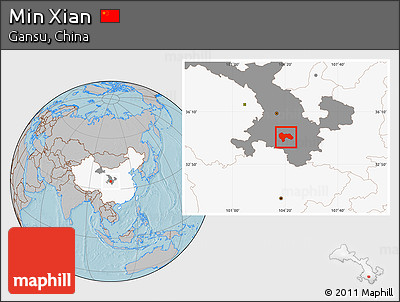 Gray Location Map of Min Xian, highlighted country, highlighted parent region, hill shading