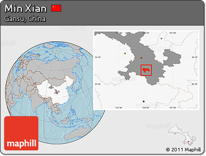Gray Location Map of Min Xian, highlighted country, highlighted parent region, hill shading