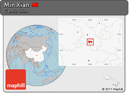 Gray Location Map of Min Xian, highlighted country, hill shading