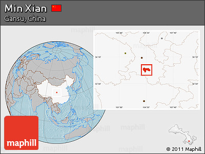 Gray Location Map of Min Xian, highlighted country, hill shading