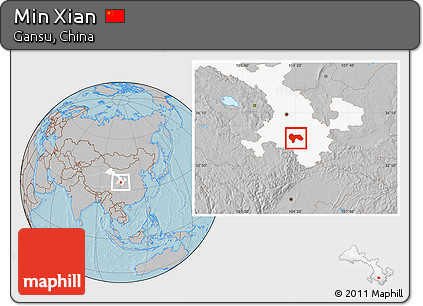 Gray Location Map of Min Xian, highlighted parent region, hill shading