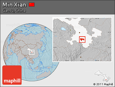 Gray Location Map of Min Xian, highlighted parent region, hill shading