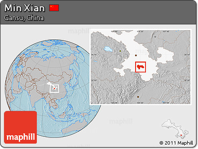 Gray Location Map of Min Xian, highlighted parent region, hill shading