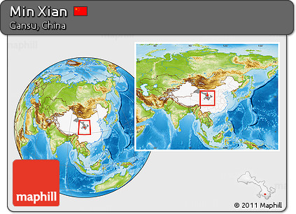 Physical Location Map of Min Xian, highlighted country, highlighted parent region, within the entire country