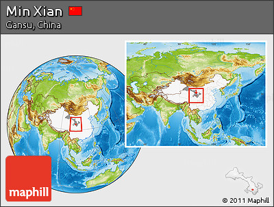 Physical Location Map of Min Xian, highlighted country, highlighted parent region, within the entire country
