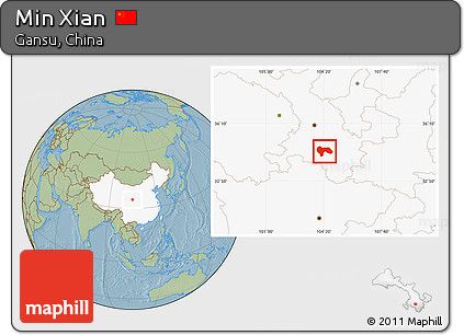 Savanna Style Location Map of Min Xian, highlighted country, hill shading